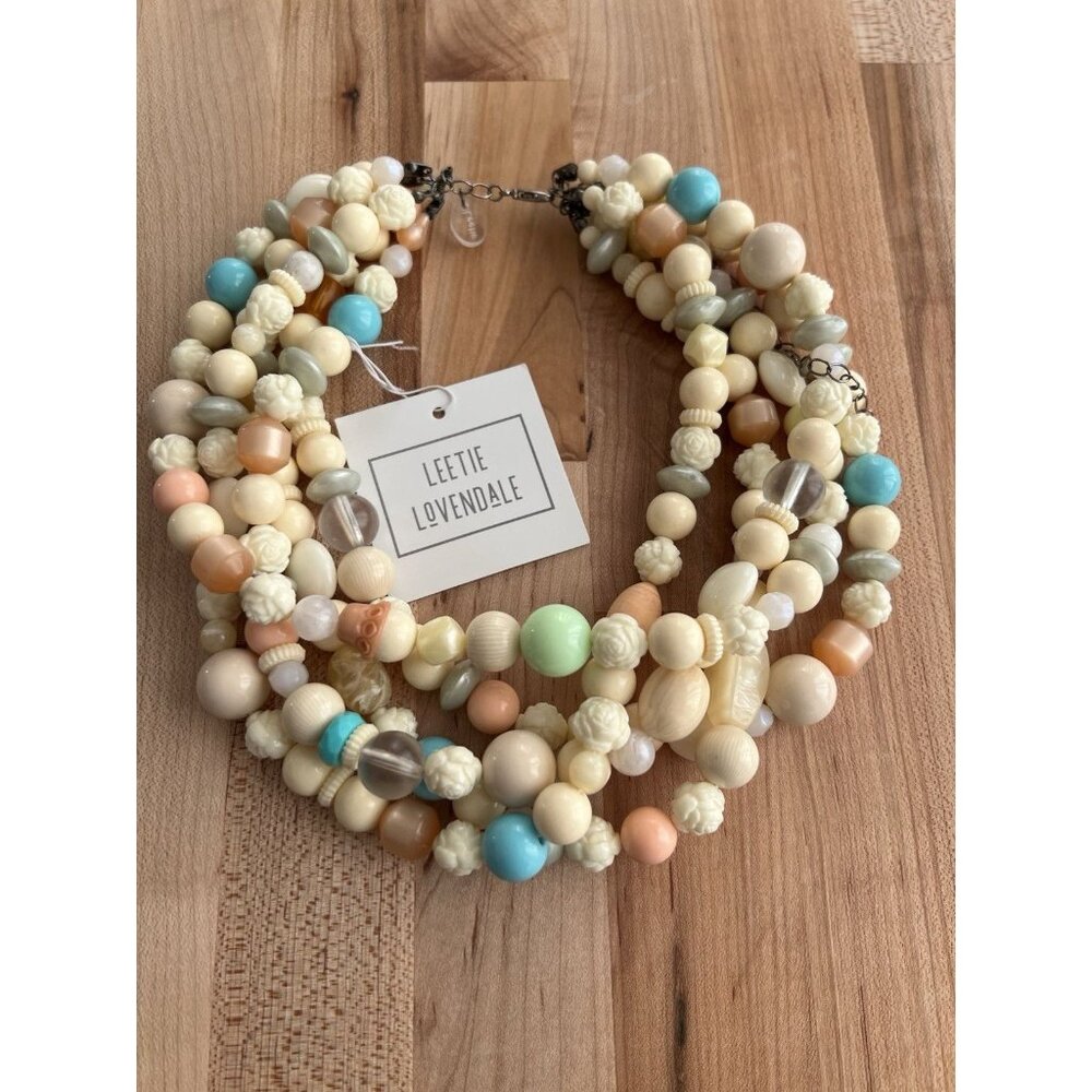 Leetie Lovendale Boho Sylvie 5 Strand Beaded Necklace Ivory Pink Blue Pastel